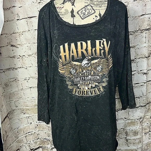 Harley-Davidson Women’s 2X | 3/4 Sleeve | RAF Mildenhall Military | Studded Top - Picture 4 of 14